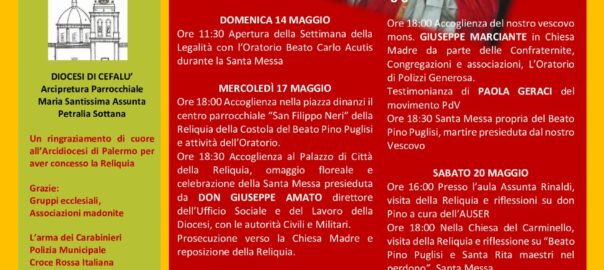 A Petralia Sottana “Seconda Settimana della legalità” con le reliquie del Beato martire p. Pino Puglisi e la partecipazione di don Ciotti e don Patriciello