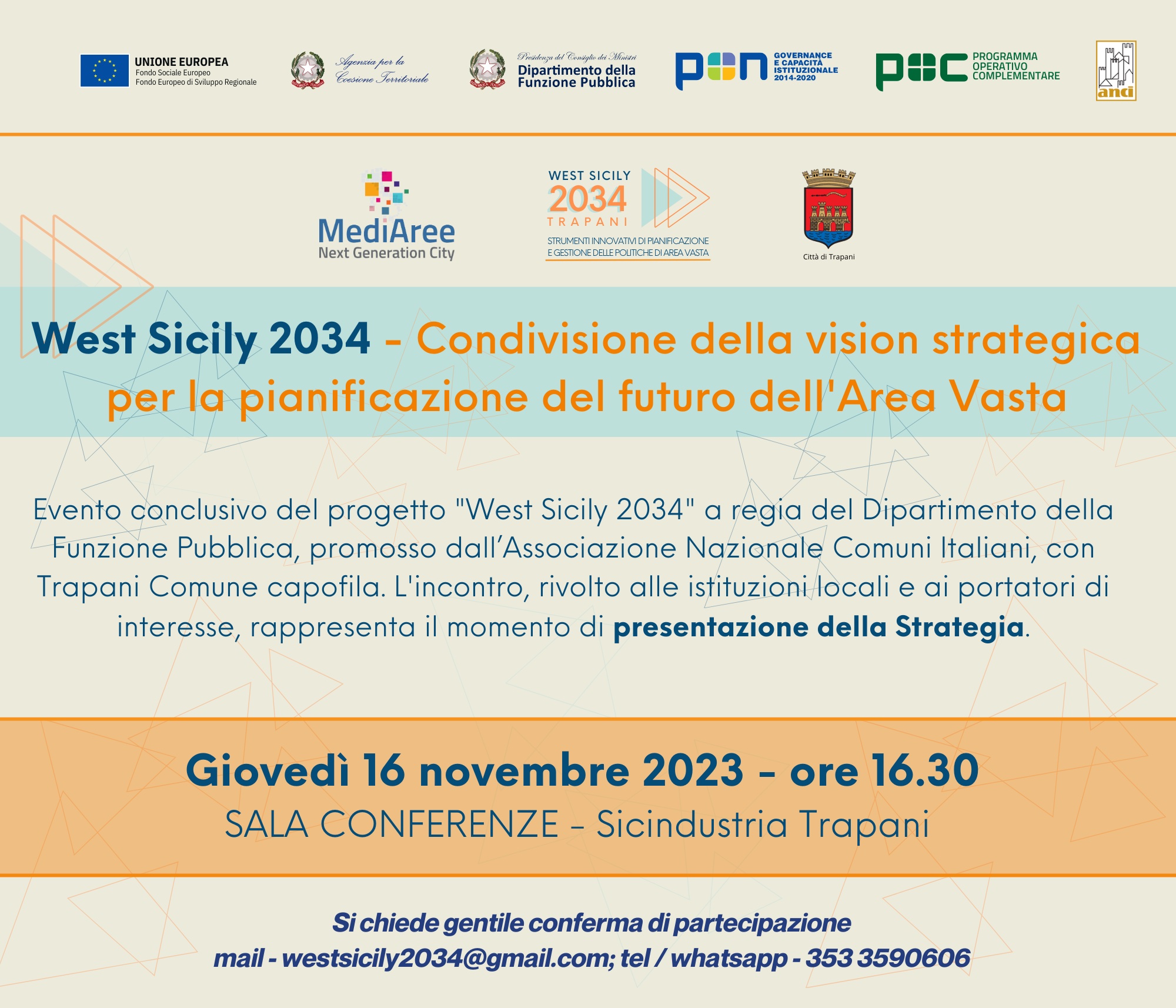 Area Vasta: giovedì 16 novembre la presentazione della strategia West Sicily 2034. L’incontro si terrà presso la sala conferenze di Sicindustria Trapani