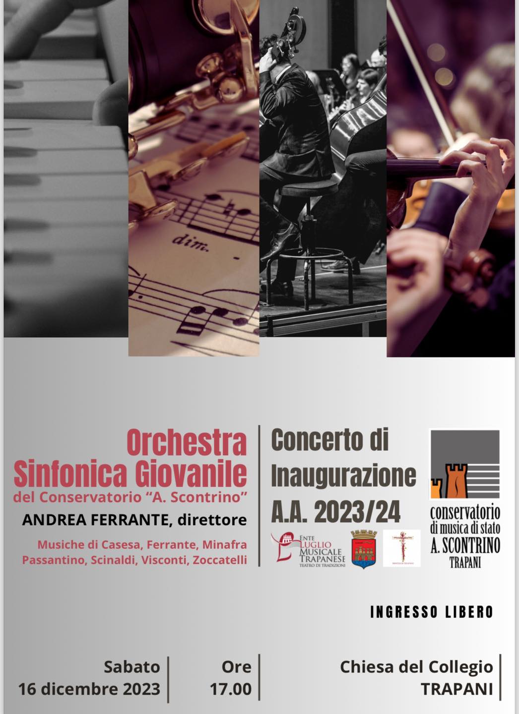 Domani (16 dicembre) il concerto di inaugurazione dell’anno accademico 2023/2024 del Conservatorio “Scontrino”