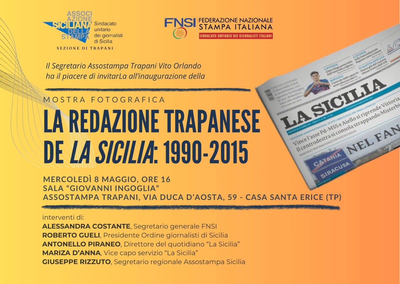Assostampa: mercoledi’ inaugurazione mostra sulla redazione trapanese de “La Sicilia” con il segretario generale della Fnsi